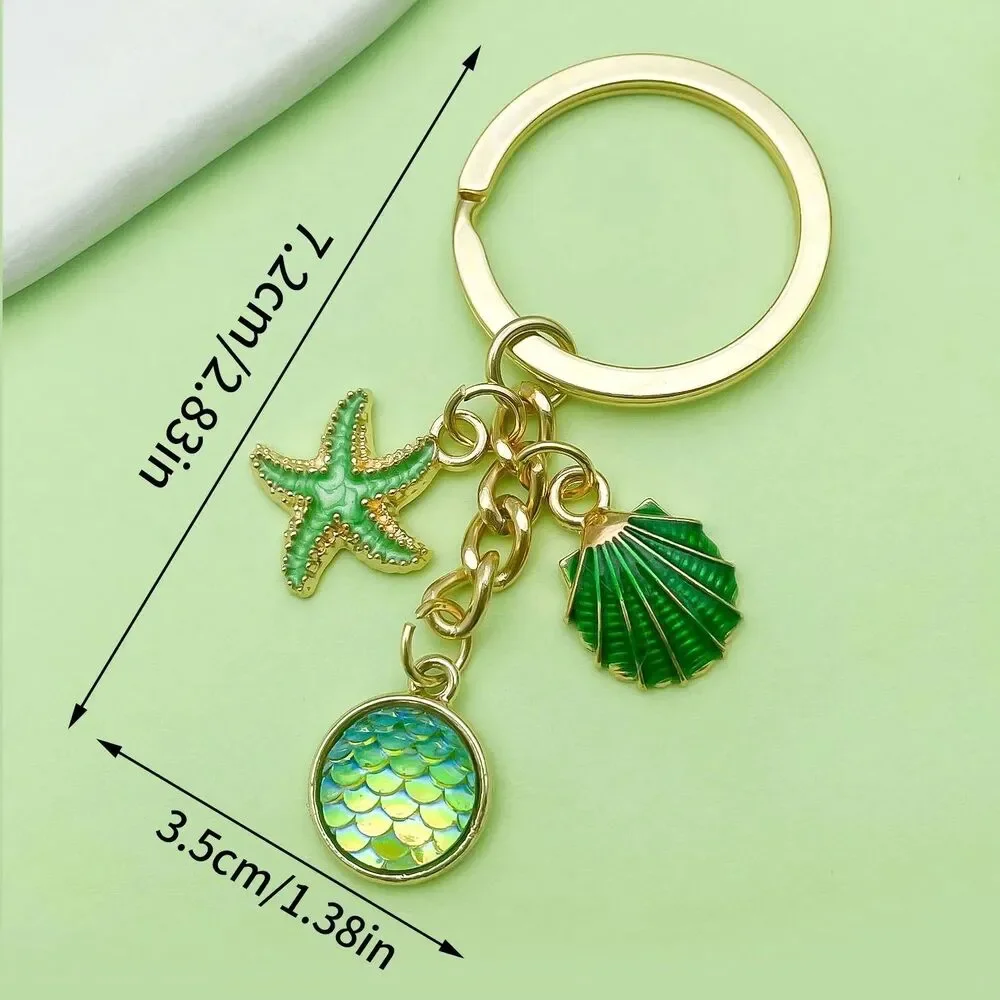 Gold Plated Green Enamel Starfish Shell Mermaid Scale Keychain Bag Charm NIP